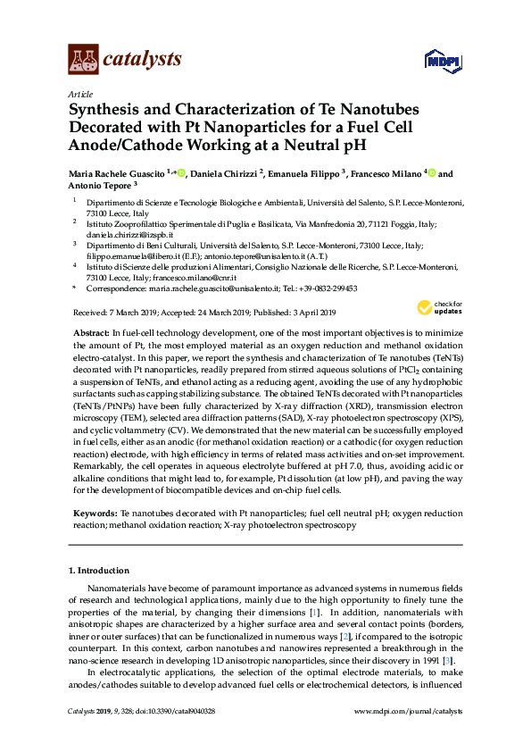 (PDF) Synthesis and Characterization of Te Nanotubes Decorated with Pt ...
