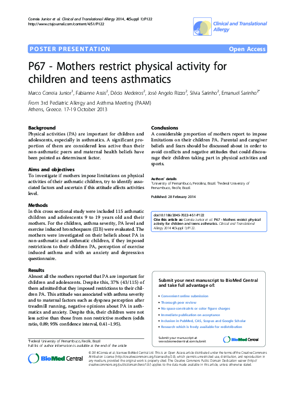 (PDF) P67 ‐ Mothers restrict physical activity for children and teens ...