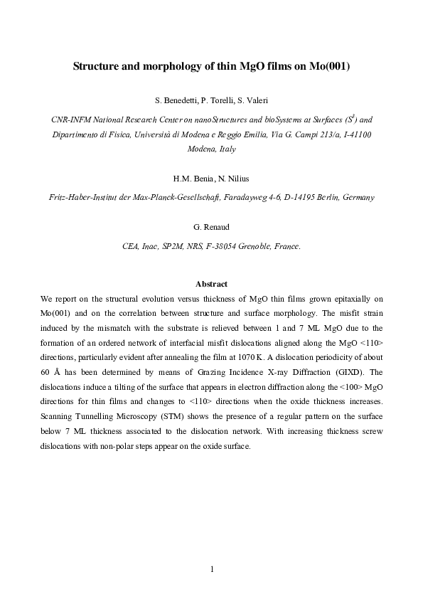 (PDF) Structure and morphology of thin MgO films on Mo(001)