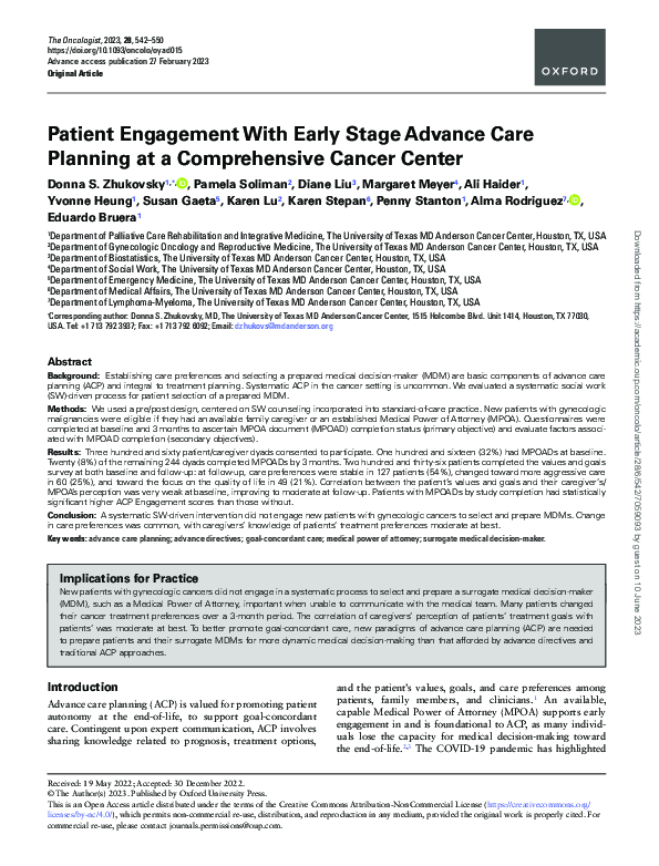 (PDF) Patient Engagement With Early Stage Advance Care Planning at a ...