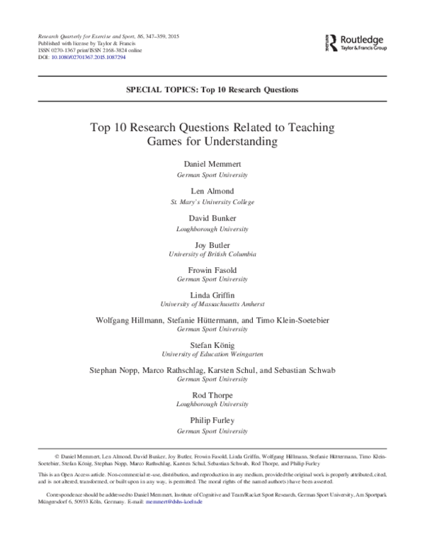 (PDF) Top 10 Research Questions Related to Teaching Games for Understanding