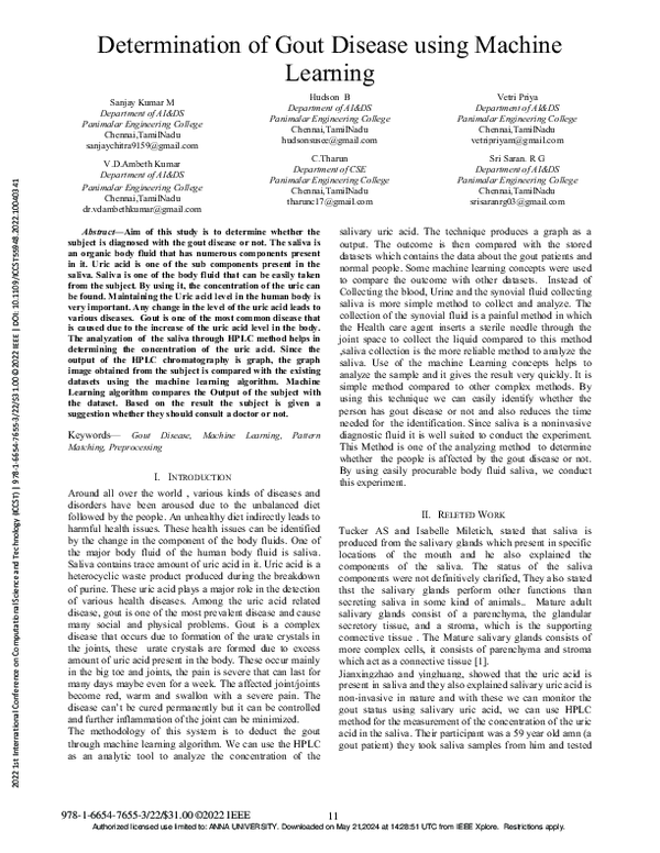 (PDF) Determination of Gout Disease using Machine Learning
