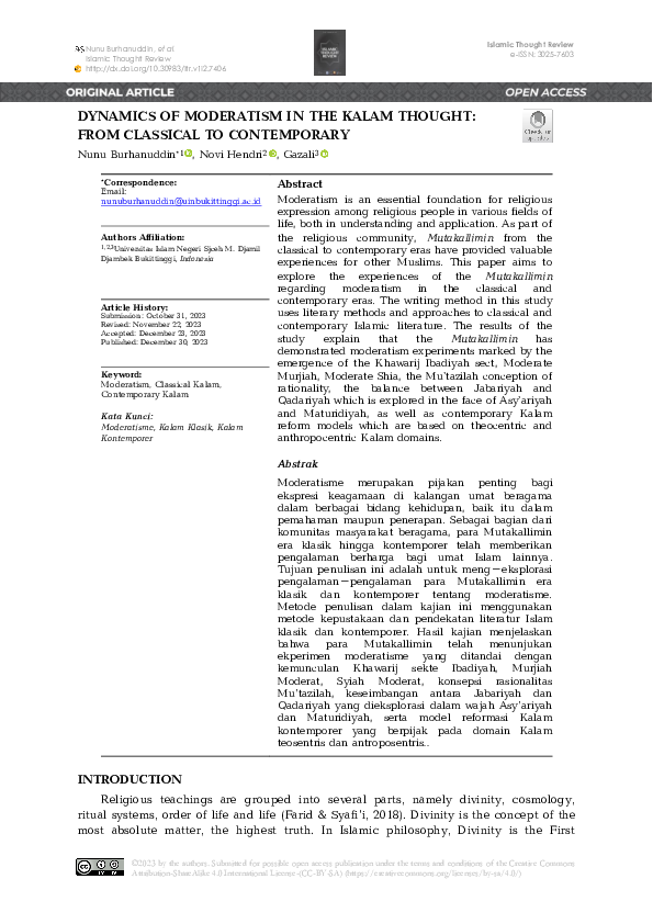 (PDF) Dynamics of Moderatism in the Kalam Thought: From Classical to ...