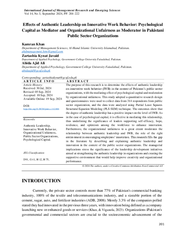 (PDF) Effects of Authentic Leadership on Innovative Work Behavior ...
