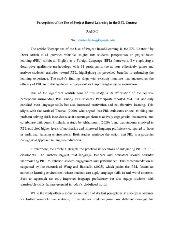 (PDF) Perceptions of the Use of Project Based-Learning in the EFL Context