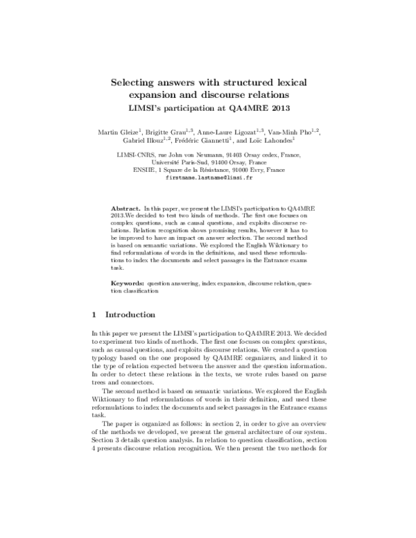 (PDF) LIMSI’s participation at QA4MRE 2013