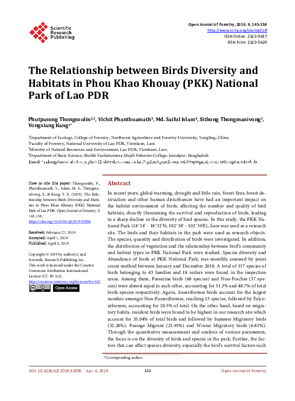 (PDF) The Relationship between Birds Diversity and Habitats in Phou ...