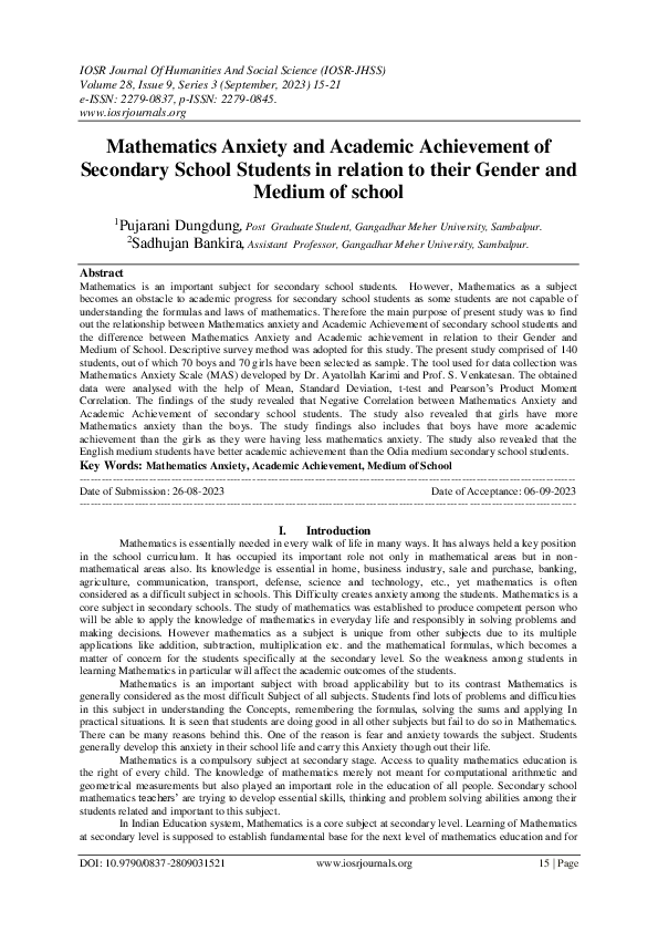(PDF) Mathematics Anxiety and Academic Achievement of Secondary School ...