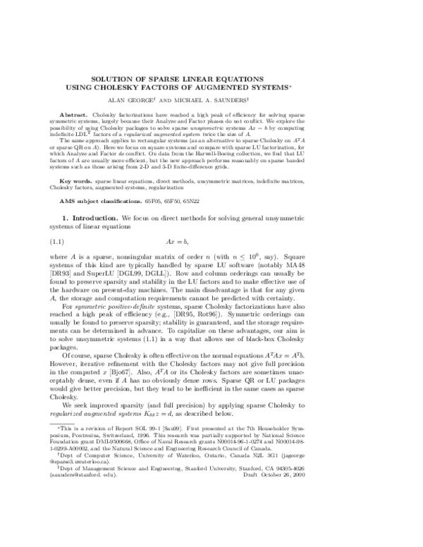 (PDF) Solution of Sparse Linear Equations Using Cholesky Factors of ...