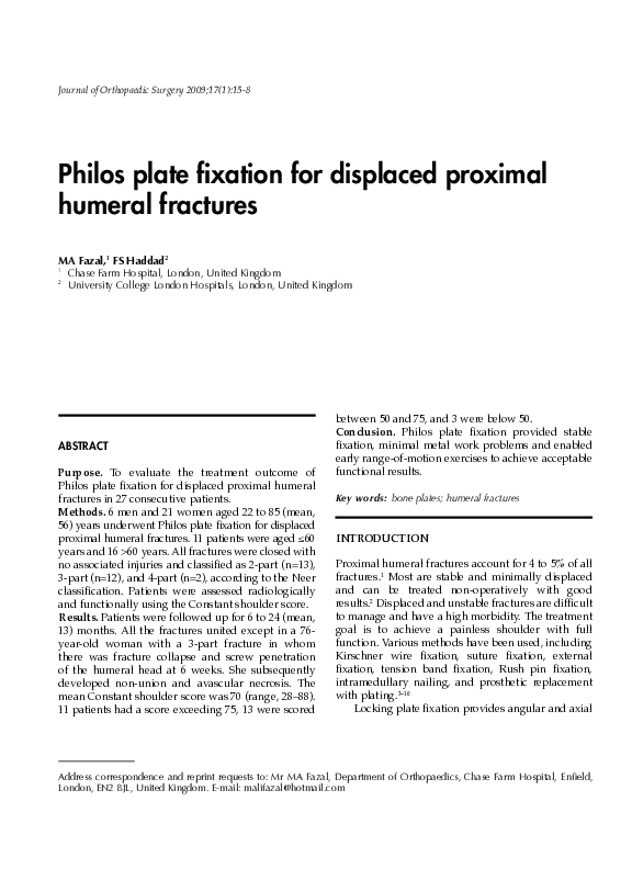(PDF) Philos Plate Fixation for Displaced Proximal Humeral Fractures