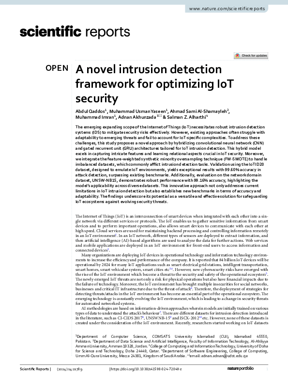 (PDF) A novel intrusion detection framework for optimizing IoT security