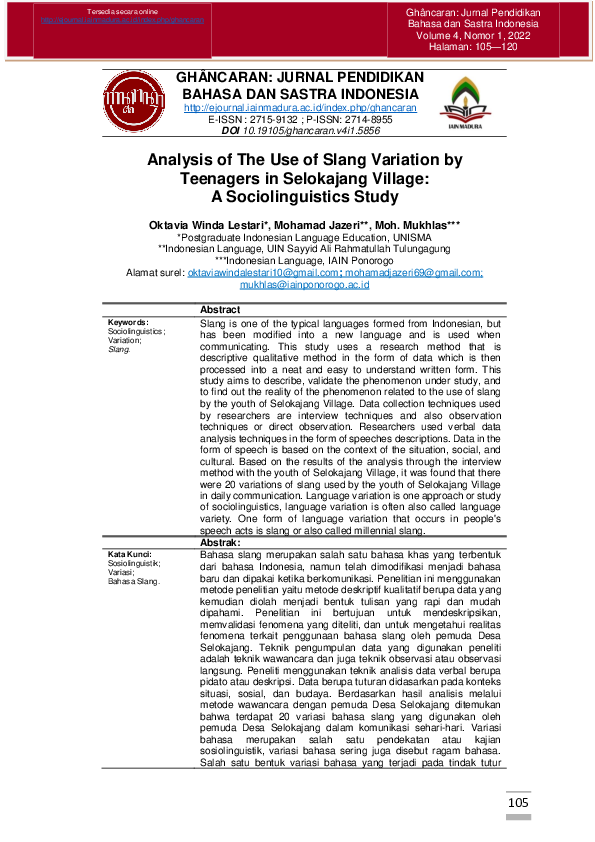(PDF) Analysis of The Use of Slang Variation by Teenagers in Selokajang ...