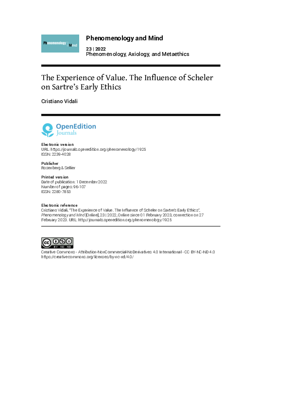 (PDF) The Experience of Value. The Influence of Scheler on Sartre’s ...
