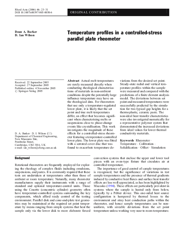 (PDF) Temperature profiles in a controlled-stress parallel plate rheometer