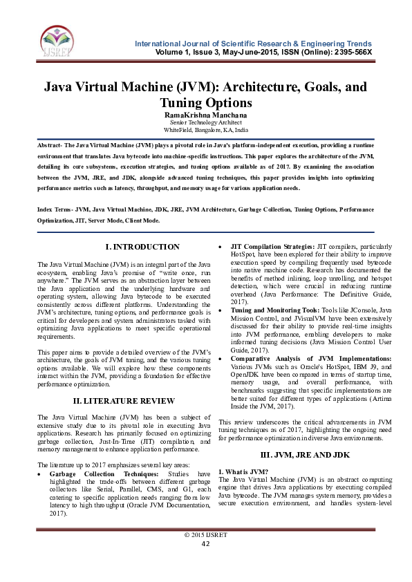 (PDF) Java Virtual Machine (JVM): Architecture, Goals, and Tuning Options