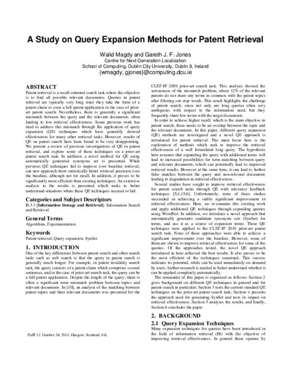 (PDF) A study on query expansion methods for patent retrieval