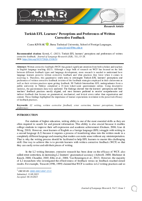 (PDF) Turkish EFL Learners’ Perceptions and Preferences of Written ...