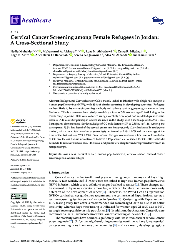 (PDF) Cervical Cancer Screening among Female Refugees in Jordan: A ...