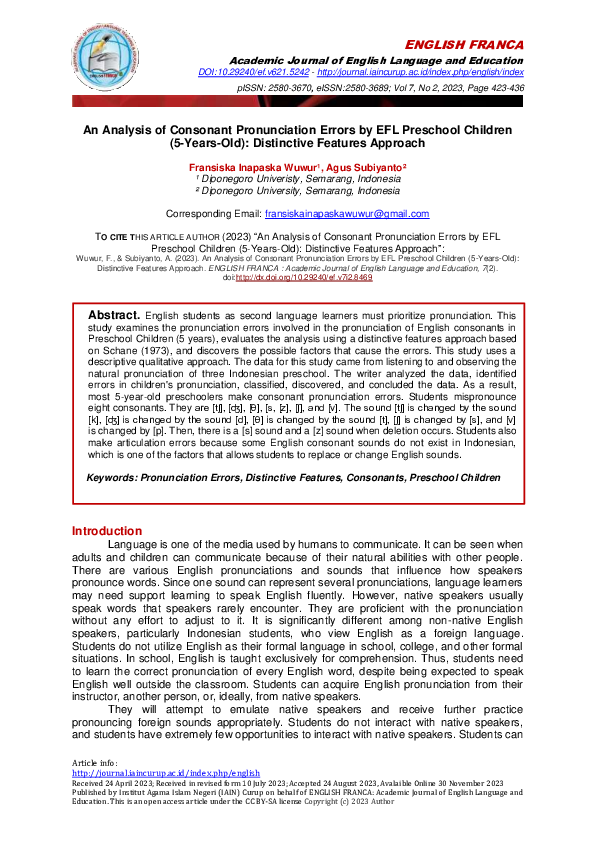 (PDF) An Analysis of Consonant Pronunciation Errors by EFL Preschool ...