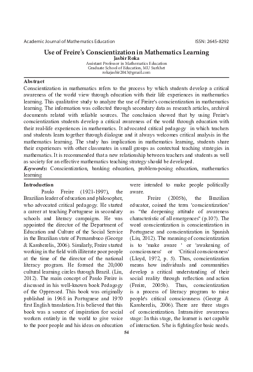 (PDF) Use of Freire's Conscientization in Mathematics Learning