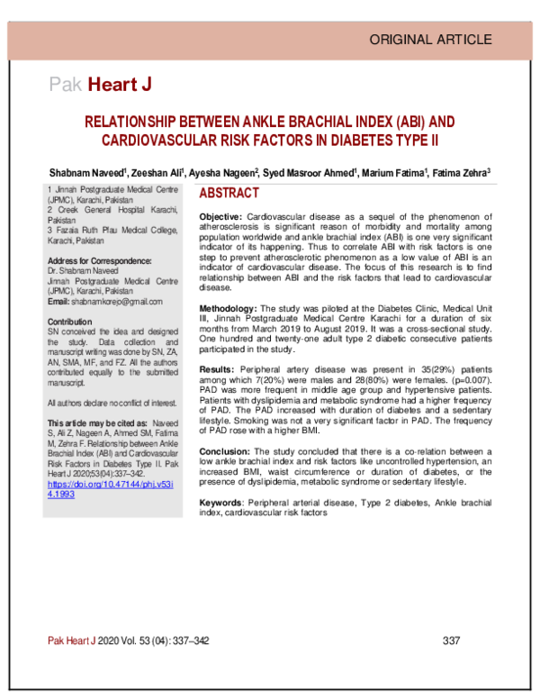 (PDF) Relationship Between Ankle Brachial Index (Abi) and ...