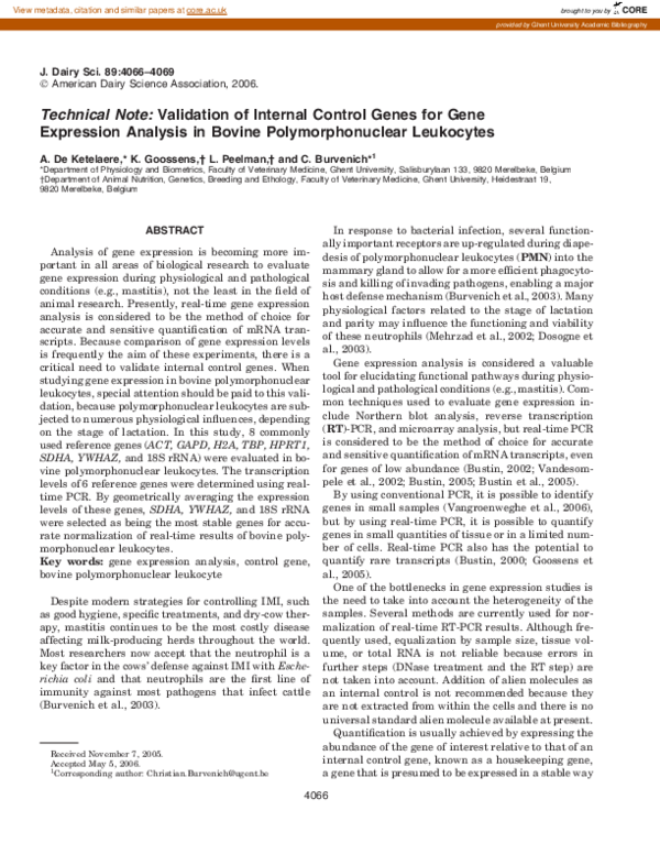 (PDF) Validation of internal control genes for gene expression analysis ...