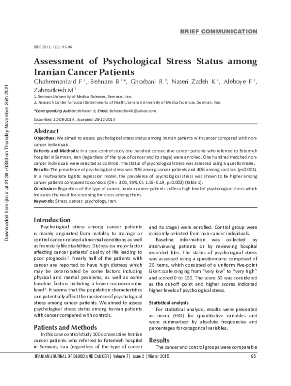 (PDF) Assessment of Psychological Stress Status among Iranian Cancer ...