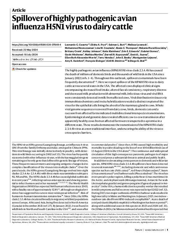 (PDF) Spillover of highly pathogenic avian influenza H5N1 virus to ...