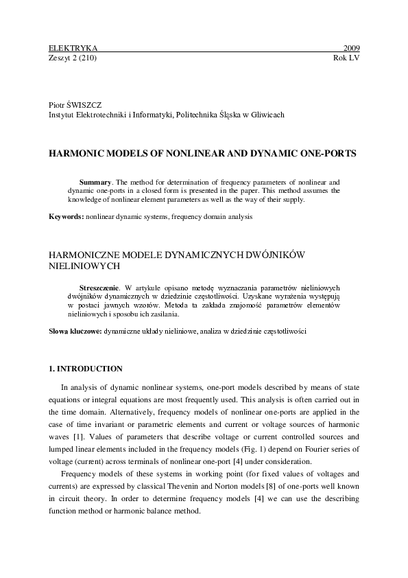 (PDF) Harmonic Models of Nonlinear and Dynamic One-Ports