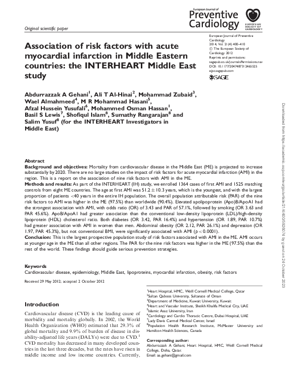 (PDF) Association of risk factors with acute myocardial infarction in ...