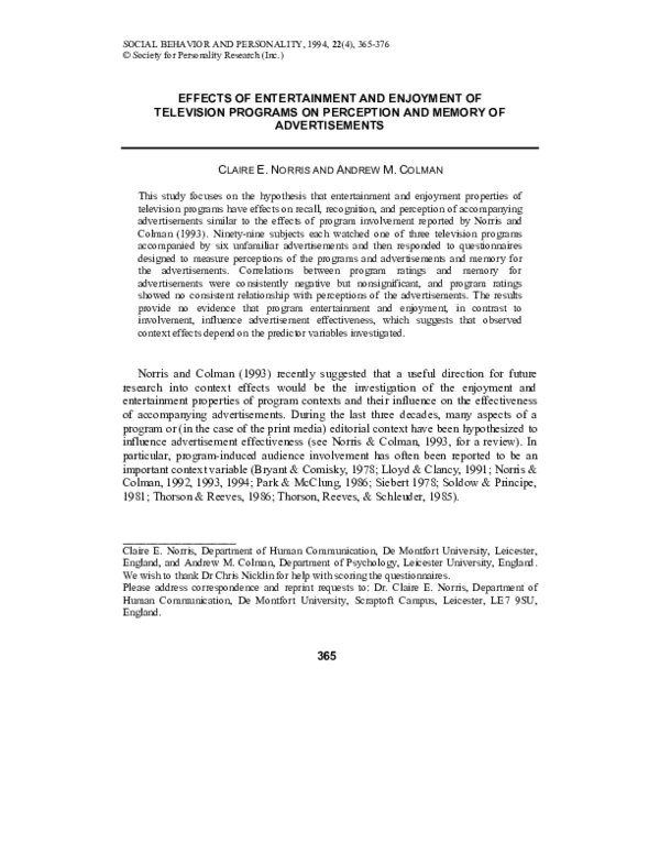 (PDF) Effects of Entertainment and Enjoyment of Television Programs on ...
