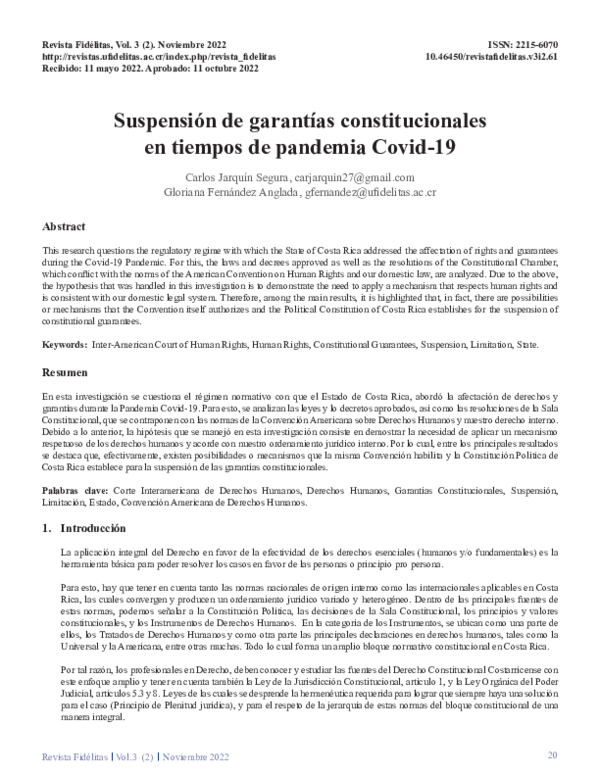 (PDF) Suspensión de garantías constitucionales en tiempos de pandemia ...