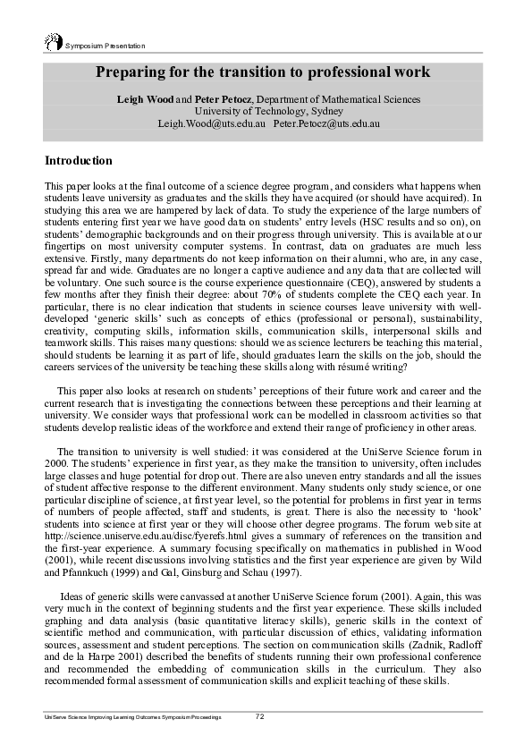 (PDF) Preparing for the transition to professional work