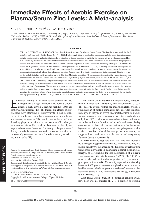 (PDF) Immediate Effects of Aerobic Exercise on Plasma/Serum Zinc Levels ...