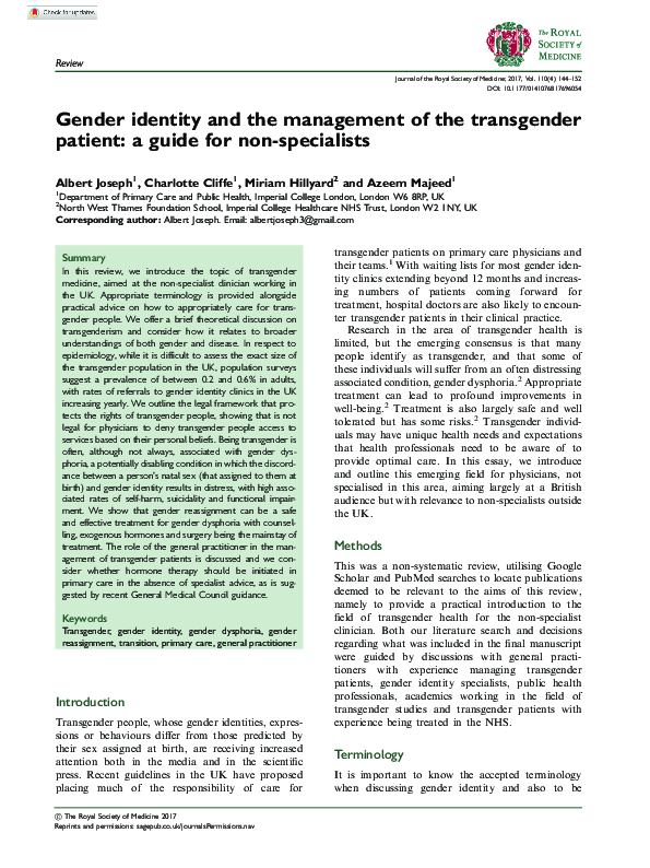 (PDF) Gender identity and the management of the transgender patient: a ...
