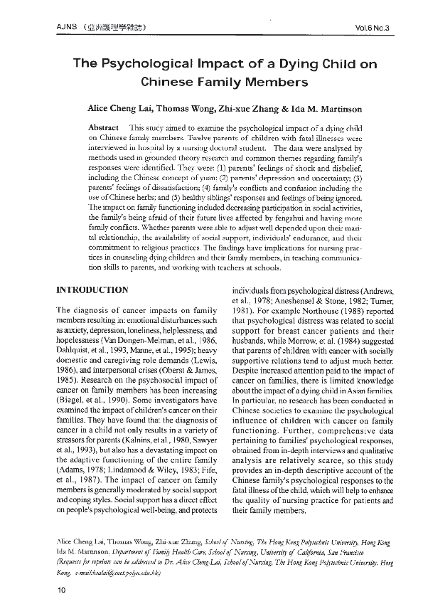 (PDF) The psychological impact of a dying child on Chinese family members