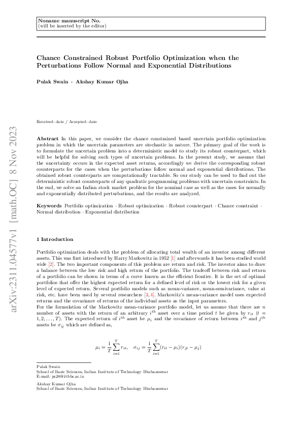 (PDF) Chance Constrained Robust Portfolio Optimization when the ...