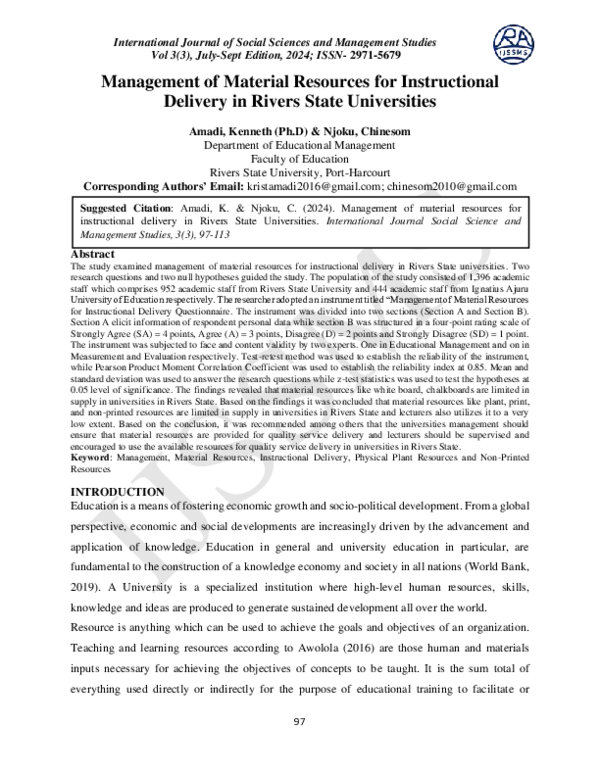 (PDF) Management of Material Resources for Instructional Delivery in ...