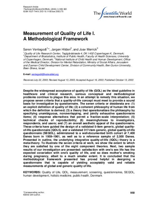 (PDF) Measurement of Quality of Life I. A Methodological Framework