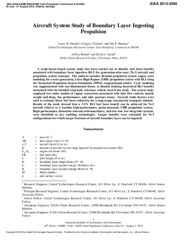 (PDF) Aircraft System Study of Boundary Layer Ingesting Propulsion