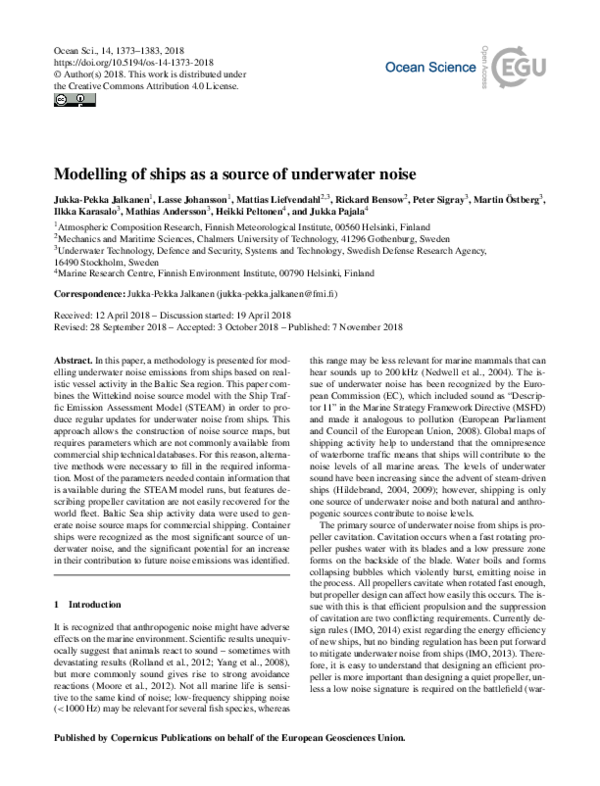 (PDF) Modelling of ships as a source of underwater noise