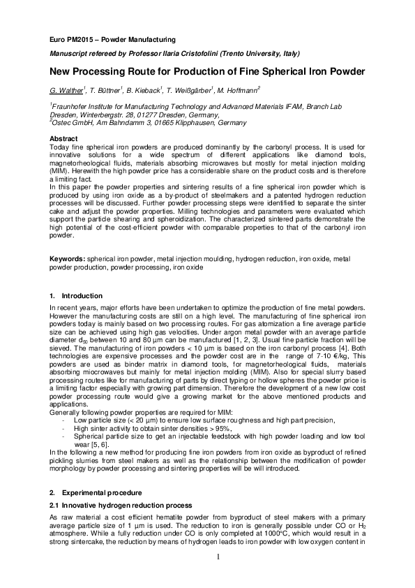 (PDF) New Processing Route for Production of Fine Spherical Iron Powder
