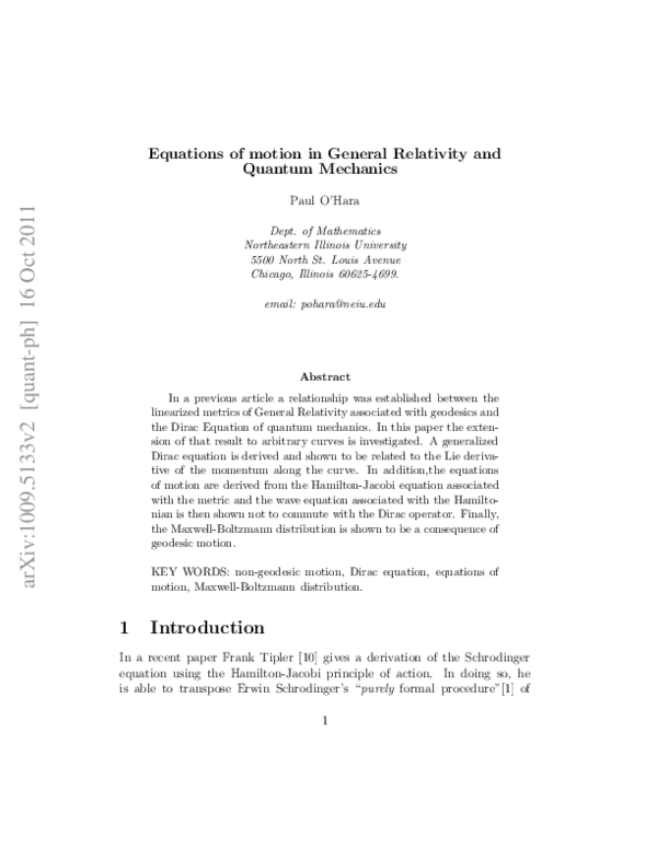 (PDF) Equations of motion in general relativity and quantum mechanics