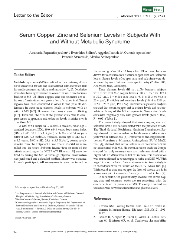 (PDF) Serum Copper, Zinc and Selenium Levels in Subjects With and ...