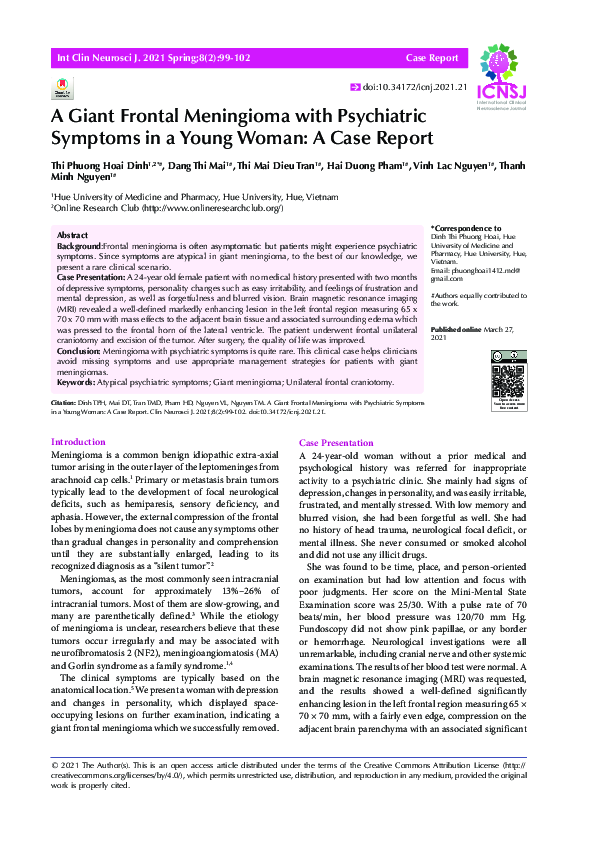 (PDF) A Giant Frontal Meningioma with Psychiatric Symptoms in a Young ...