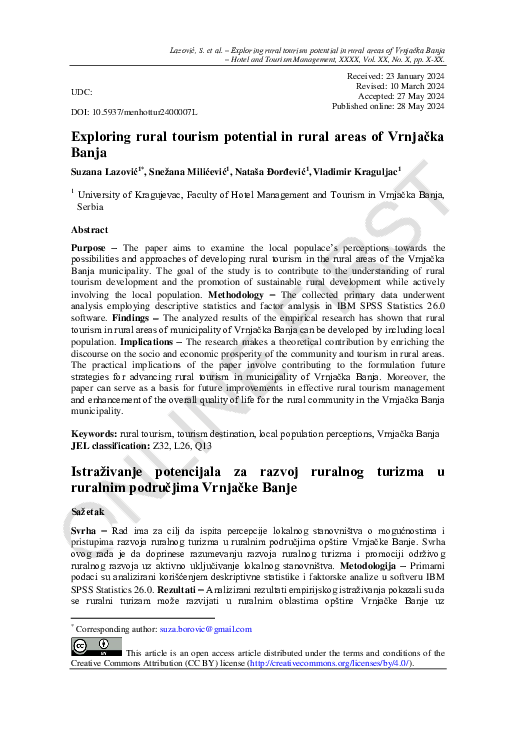 (PDF) Exploring rural tourism potential in rural areas of Vrnjačka Banja