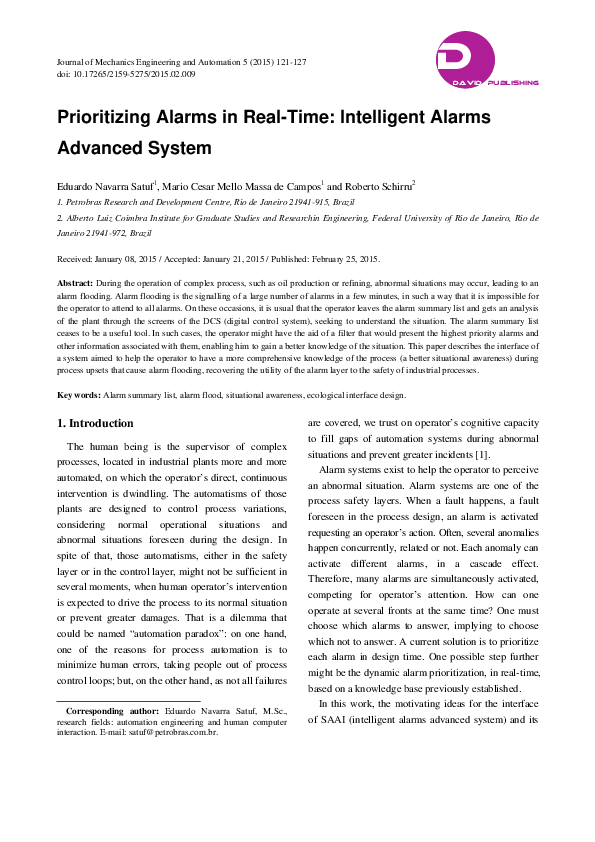 (PDF) Prioritizing Alarms in Real-Time: Intelligent Alarms Advanced System