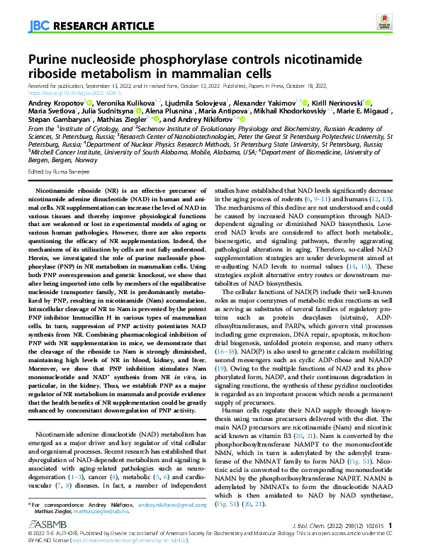Purine nucleoside phosphorylase controls nicotinamide riboside metabolism in mammalian cells