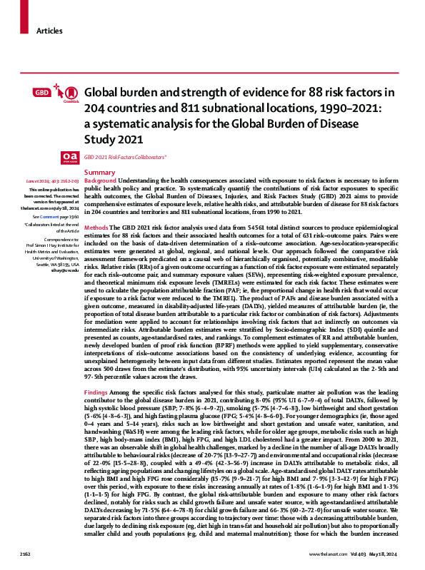 (PDF) Global burden and strength of evidence for 88 risk factors in 204 ...