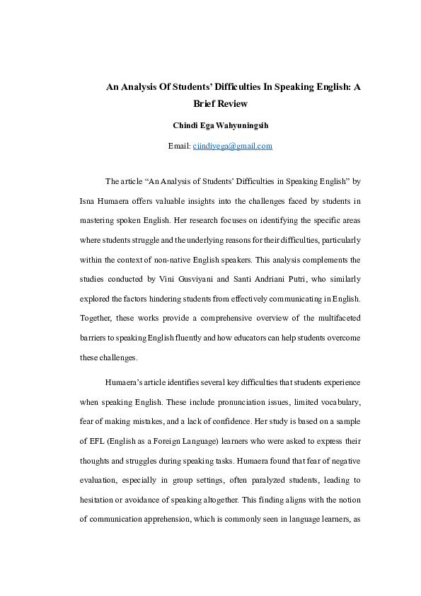 (PDF) An Analysis Of Students' Difficulties In Speaking English: A ...